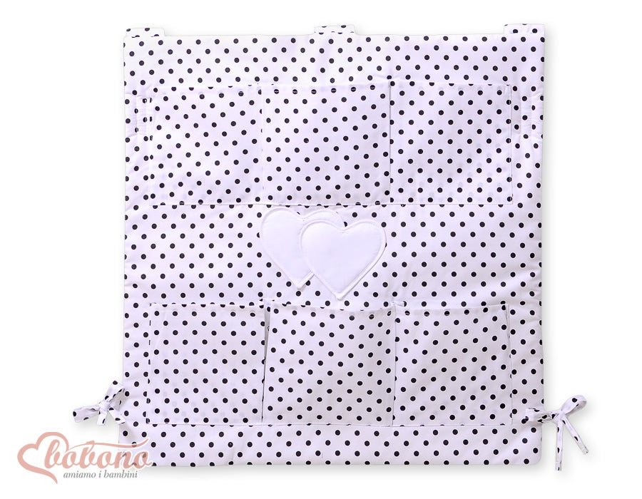 Cot tidy-  Hanging hearts black dots on white