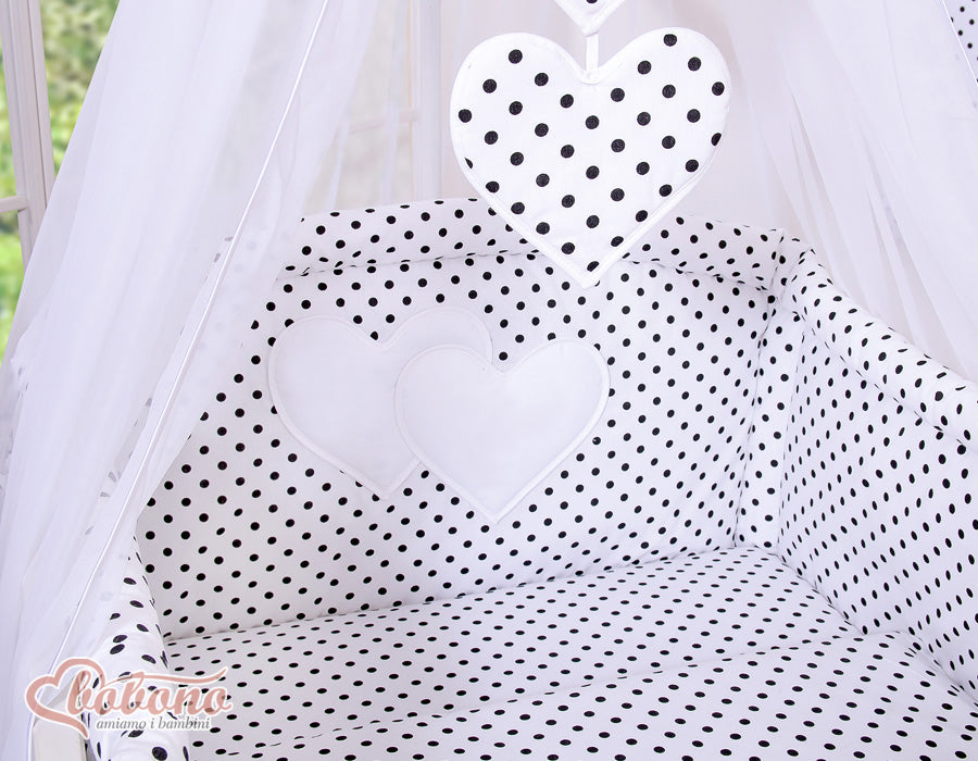 Canopy made of Chiffon- Hanging Hearts black dots on white