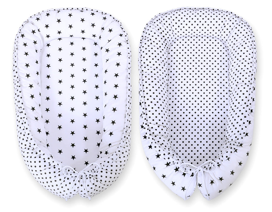 Baby nest double-sided Premium Cocoon for infants BOBONO- black stars/ dots