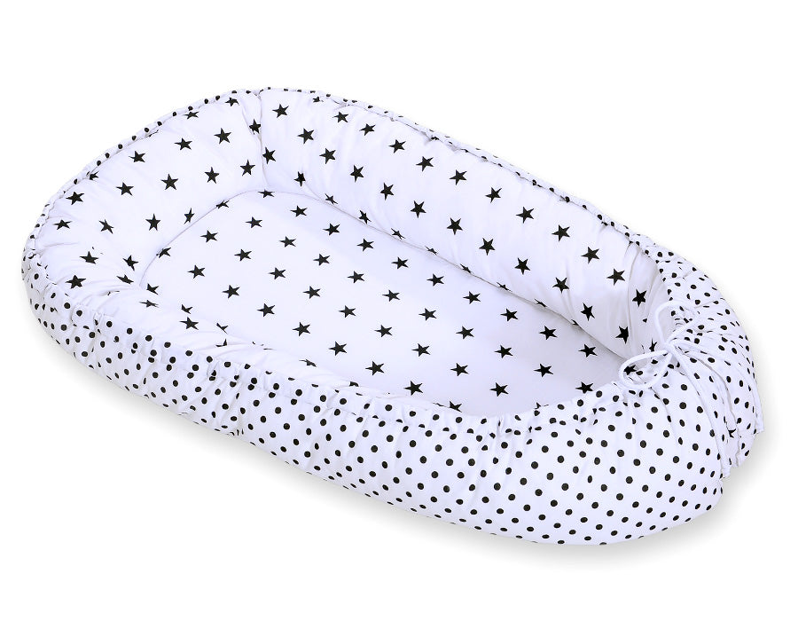 Baby nest double-sided Premium Cocoon for infants BOBONO- black stars/ dots
