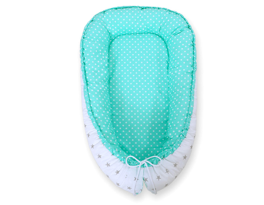 Baby nest double-sided Premium Cocoon for infants BOBONO- grey stars/ dots on mint