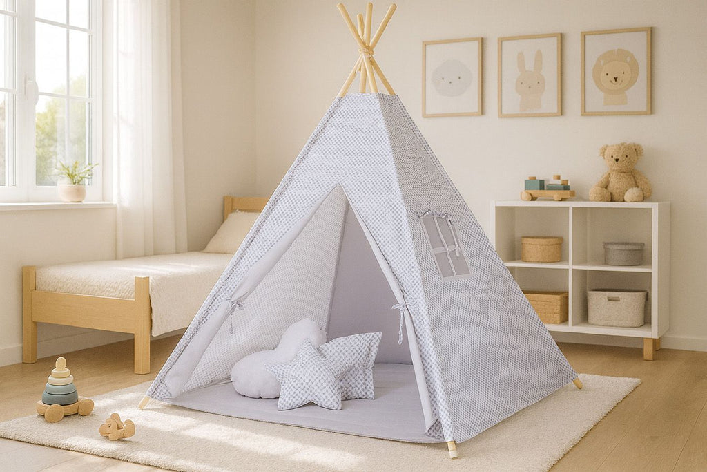 Teepee tent for kids +play mat + decorative feathers - grey rosette