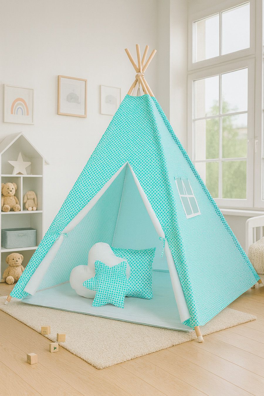 Teepee tent for kids + playmat + pillows + decorative feathers - Mint flowers/white