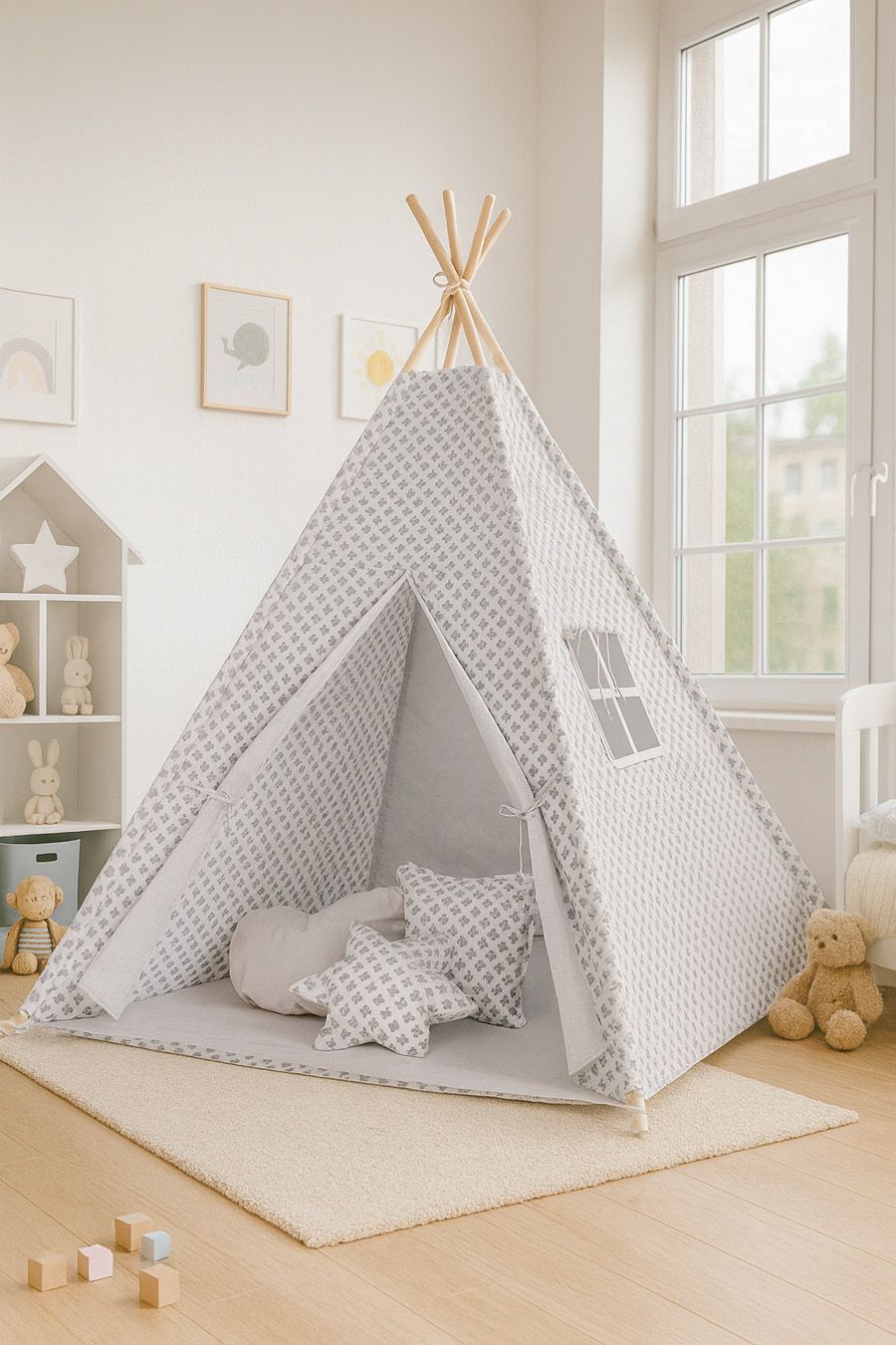 Teepee tent for kids + decorative feathers - Gray cross pattern