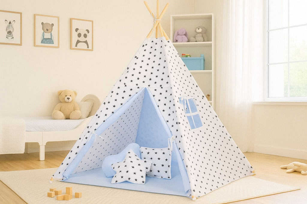 Teepee tent for kids + playmat + pillows + decorative feathers - Black Stars/blue