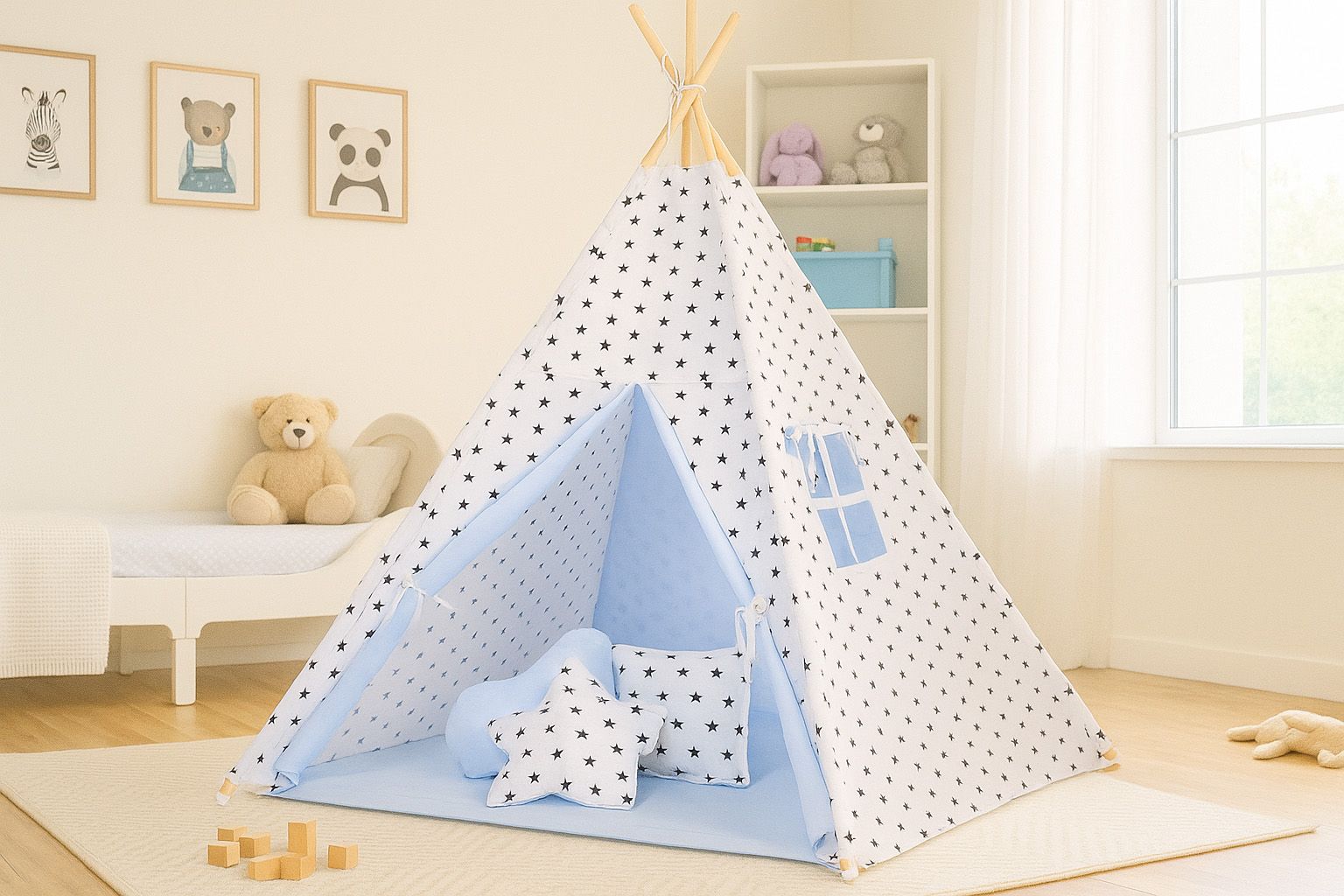 Teepee tent for kids + playmat + pillows + decorative feathers - Black Stars/blue
