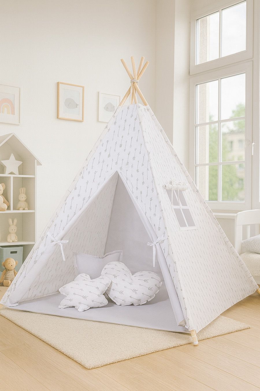 Teepee tent for kids + decorative feathers - Grey arrows