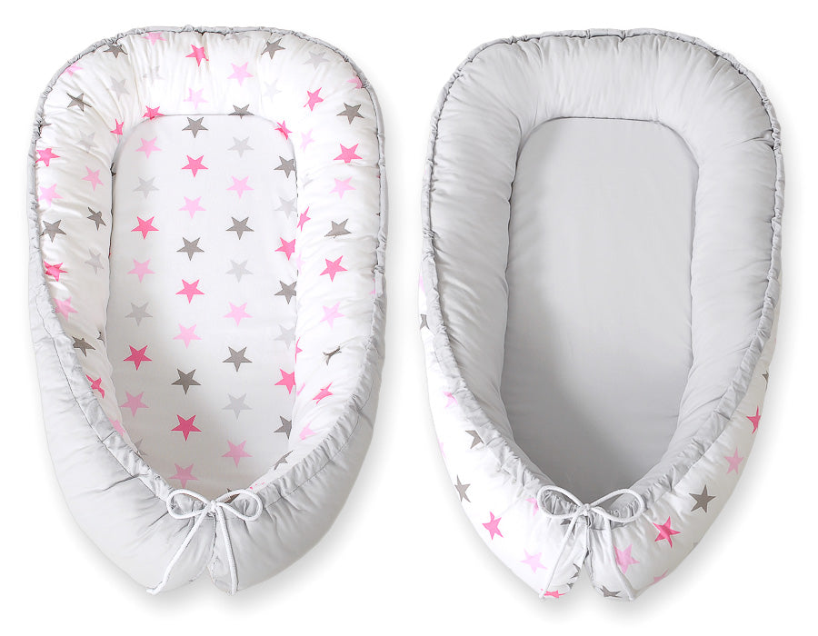 Baby nest double-sided Premium Cocoon for infants BOBONO- stars pink-grey/grey