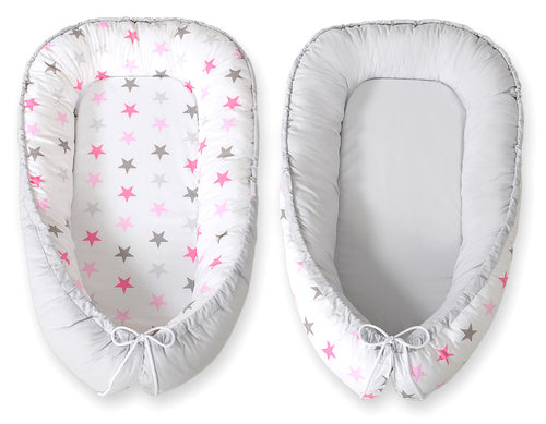 Baby nest double-sided Premium Cocoon for infants BOBONO- stars pink-grey/grey