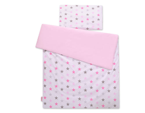 Baby cotton bedding set 2-pcs 140x200 Junior - stars gray - pink /pink