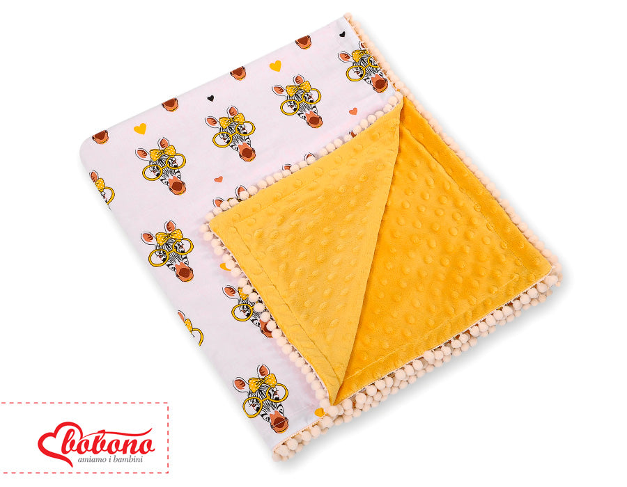Double-sided blanket minky with pompons - yellow Zebras