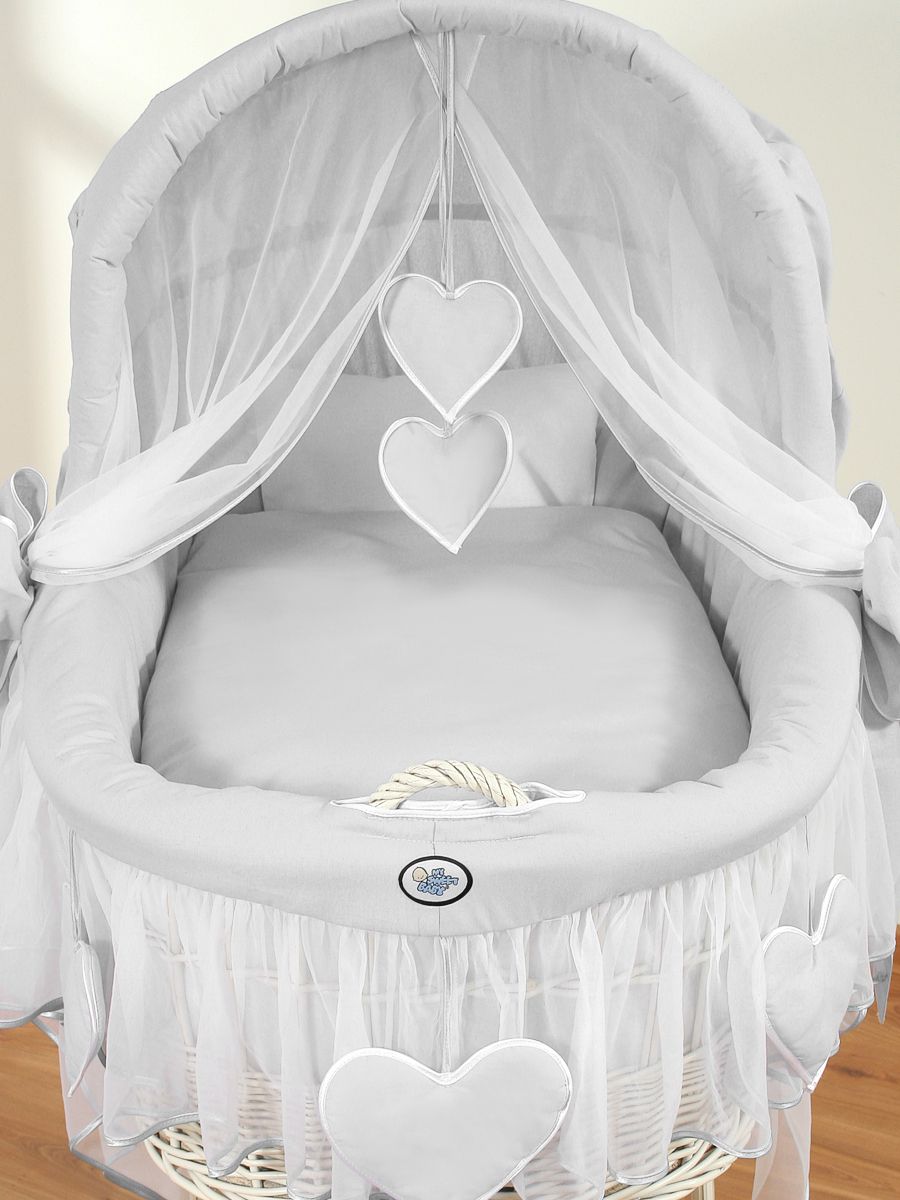 Moses Basket Wicker hood crib Amelie - white + gray bedding