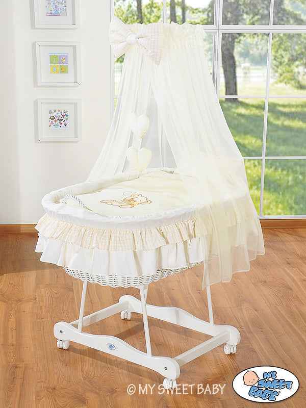 Moses Basket/Wicker drape crib- Bear with bow cream