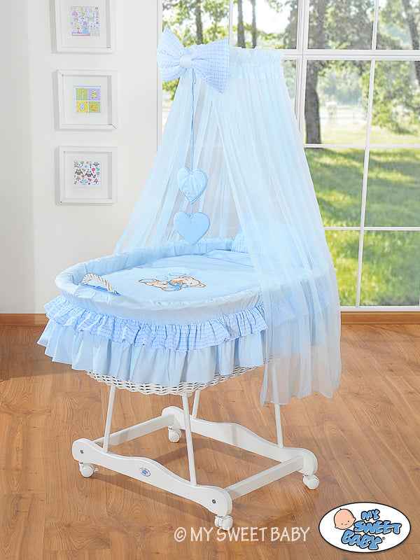 Moses Basket/Wicker drape crib- Bear with bow blue