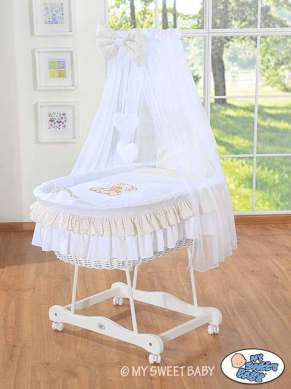 Moses Basket/Wicker drape crib- Bear with bow white