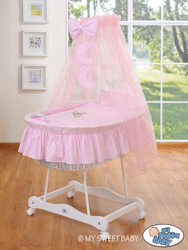 Moses Basket Wicker drape crib Good night - white + pink bedding