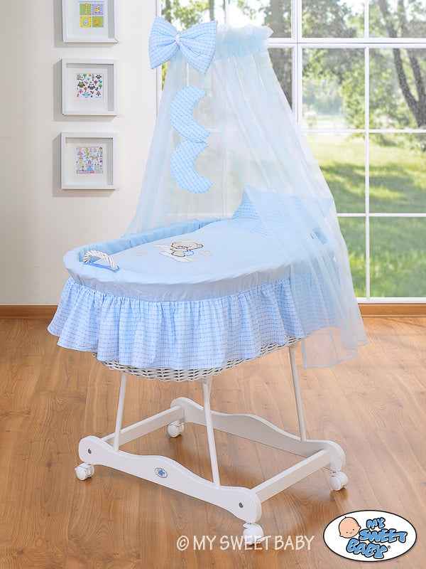 Moses Basket Wicker drape crib Good night - white + blue bedding