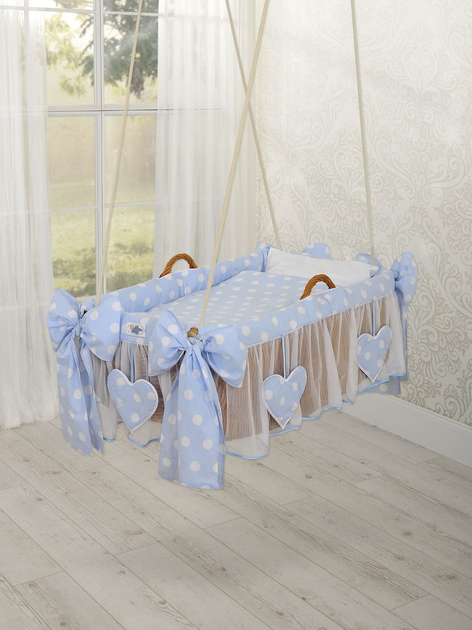 Moses Basket Hanging crib - Light blue dots