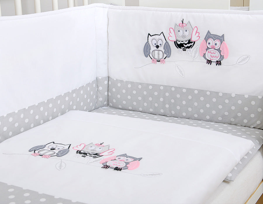 Baby bedding set 135x100 cm with bumper 3-pcs Grey Owls with grey and pink embroidery