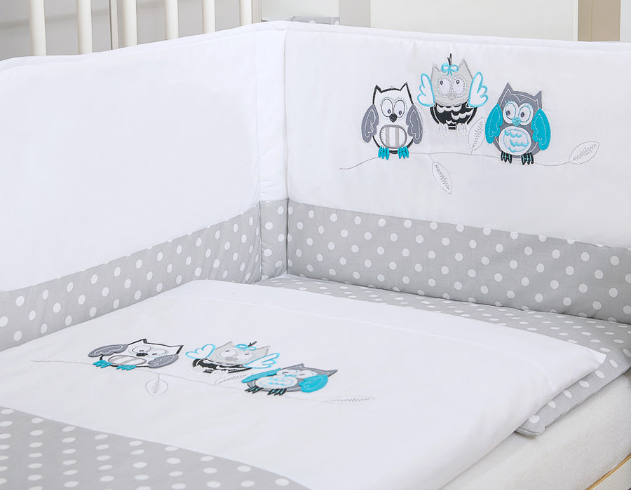 Baby bedding set 135x100 cm with bumper 3-pcs Grey Owls with grey and turquoise embroidery