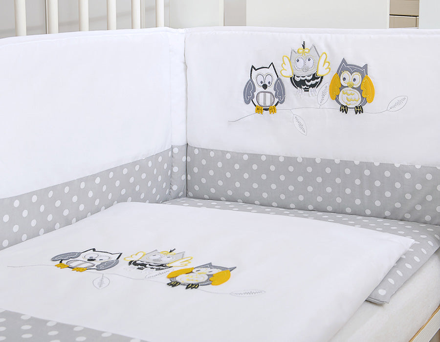 Baby bedding set 135x100 cm with bumper 3-pcs Grey owls with grey and yellow embroidery