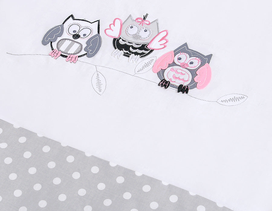 Baby bedding set 135x100 cm with bumper 3-pcs Grey Owls with grey and pink embroidery