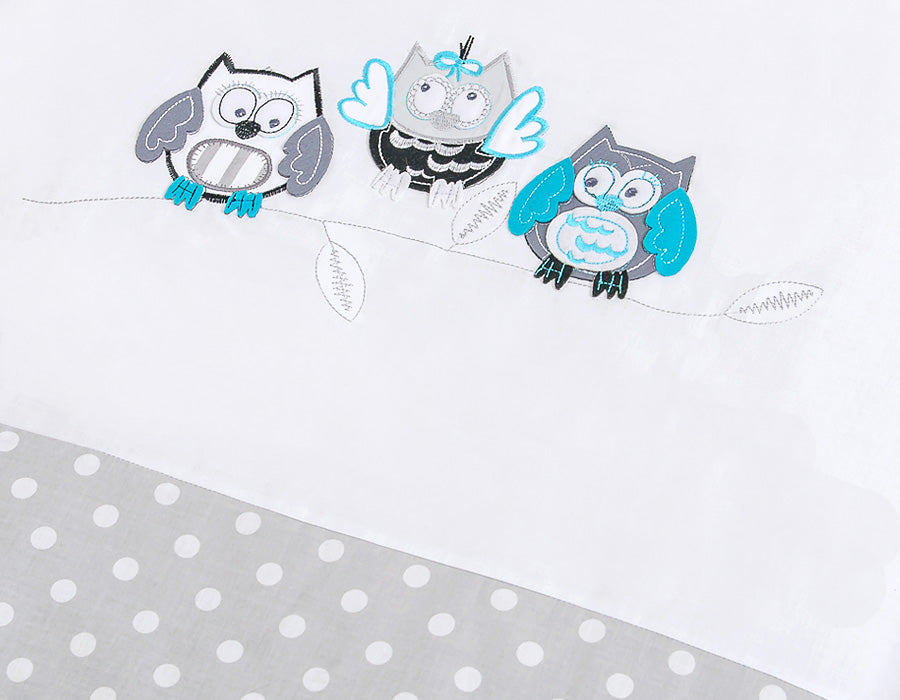 Baby bedding set 135x100 cm with bumper 3-pcs Grey Owls with grey and turquoise embroidery