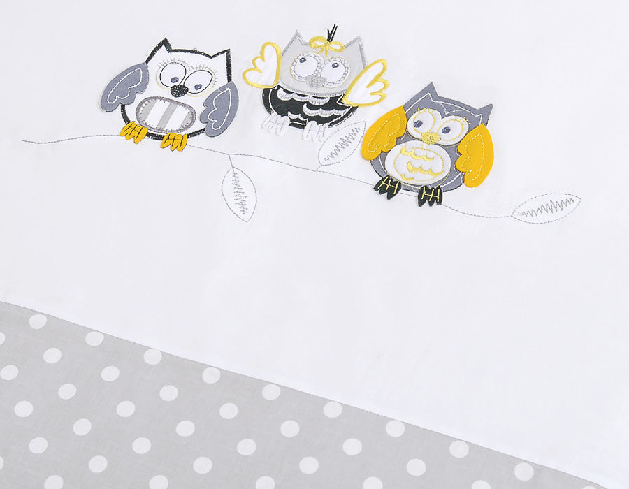Baby bedding set 135x100 cm with bumper 3-pcs Grey owls with grey and yellow embroidery