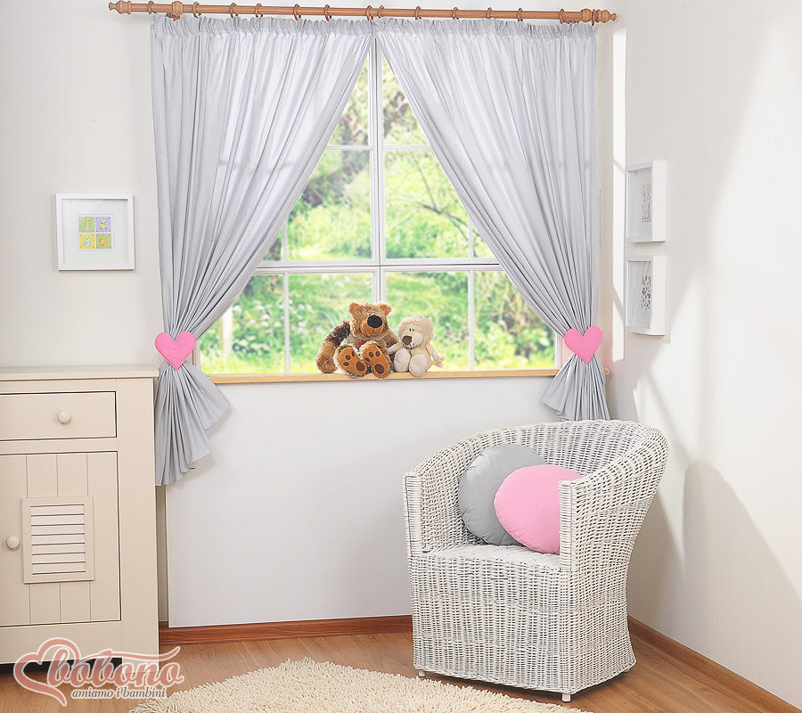 Children's room curtains with hearts grey and pink