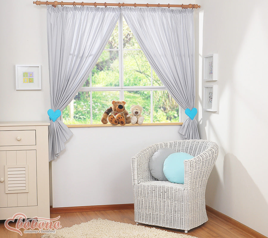 Children's room curtains with hearts grey and turquoise