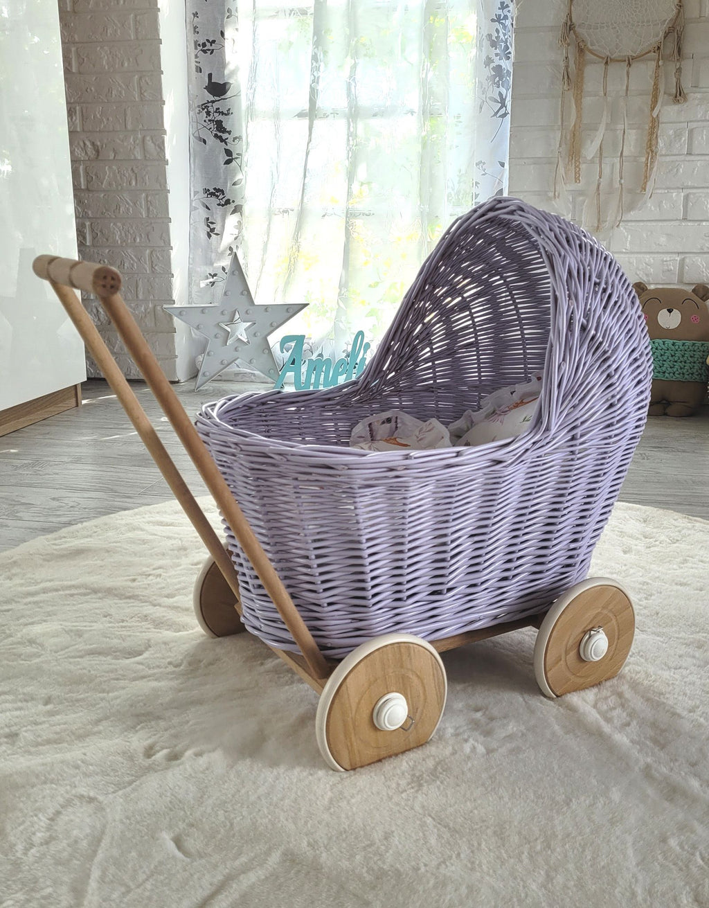 Wicker doll pushchair - purple