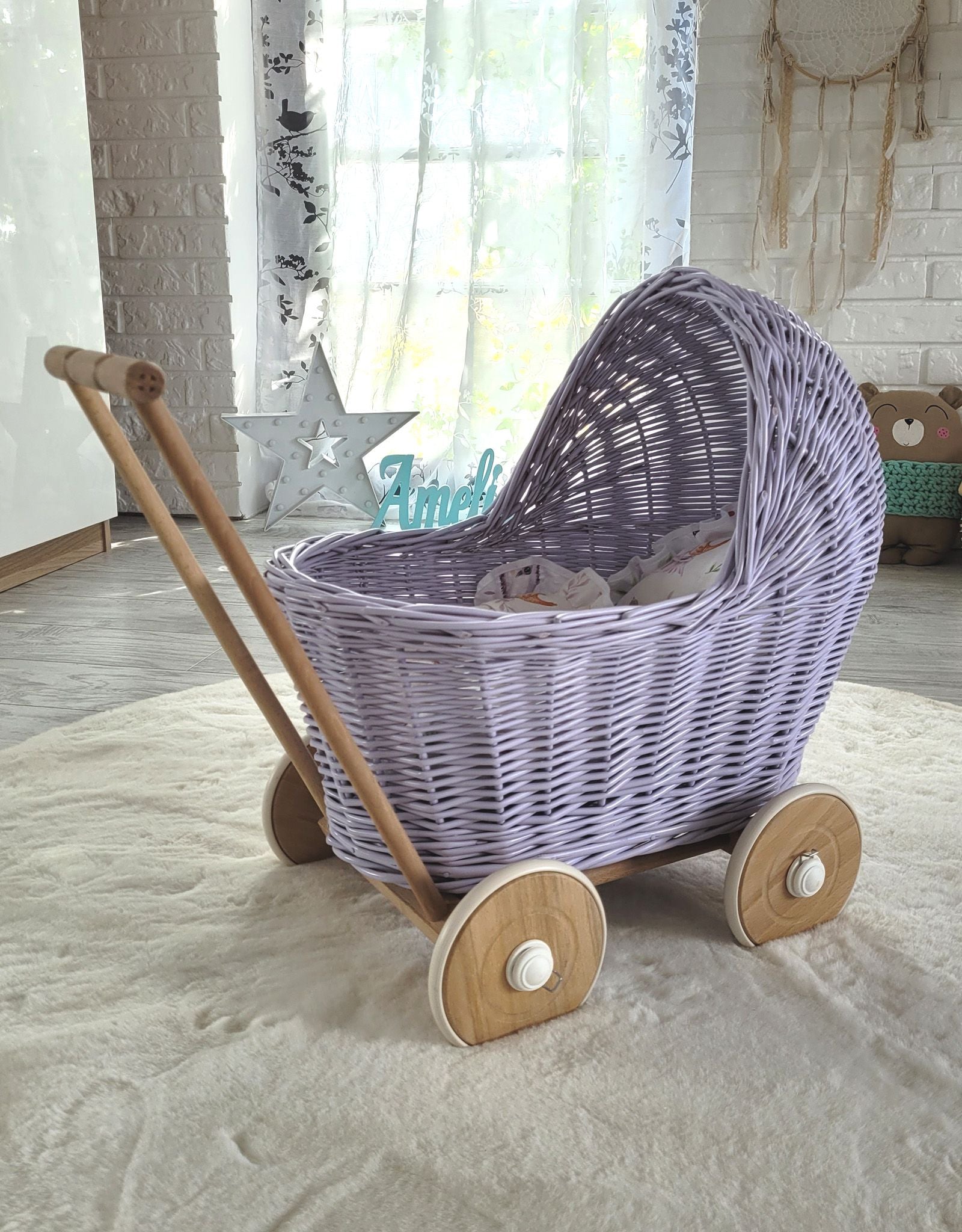 Wicker doll pushchair - purple
