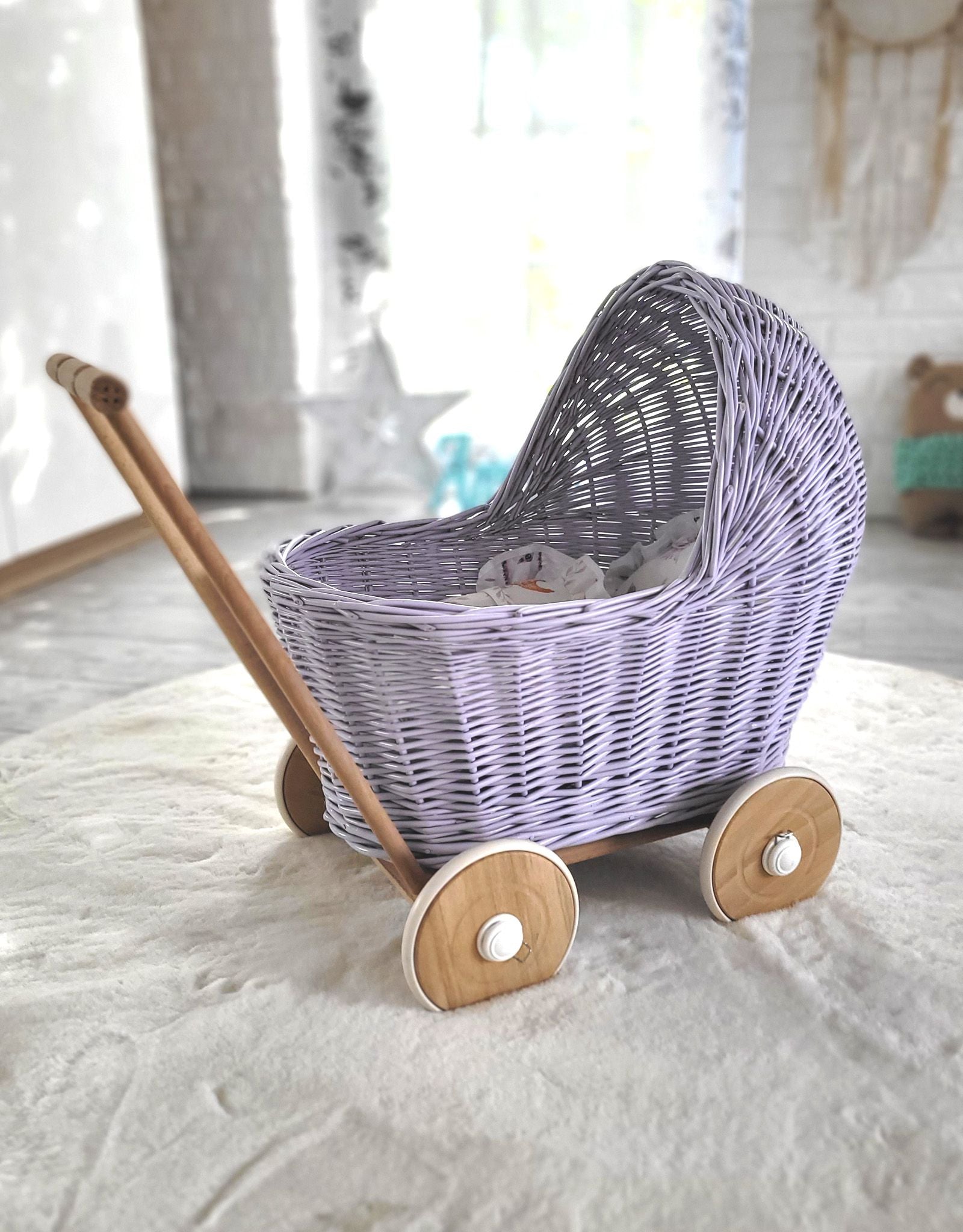 Wicker doll pushchair - purple