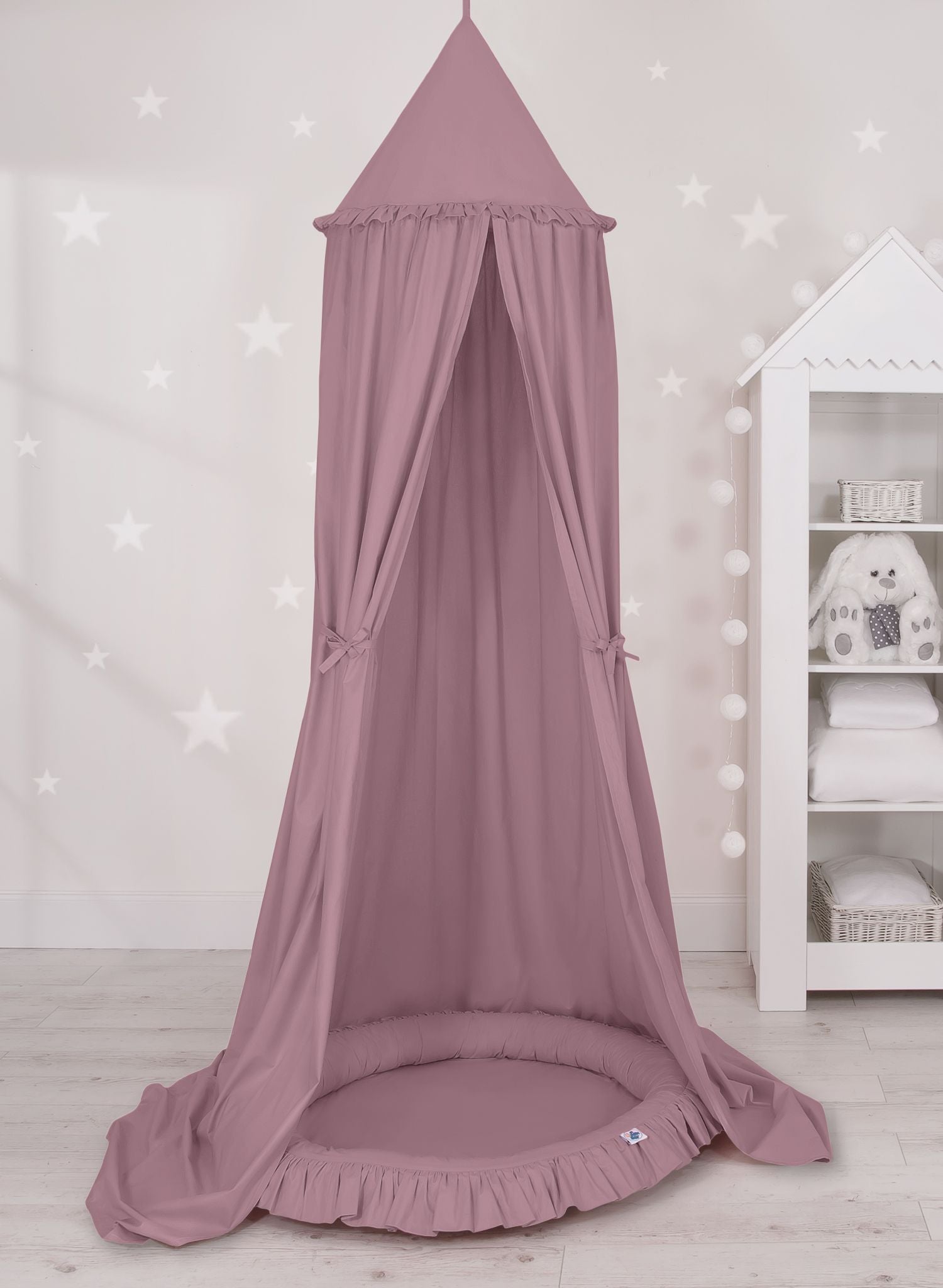 Set: Hanging baldachin for children's room cotton + nest with flounce - pastel violet