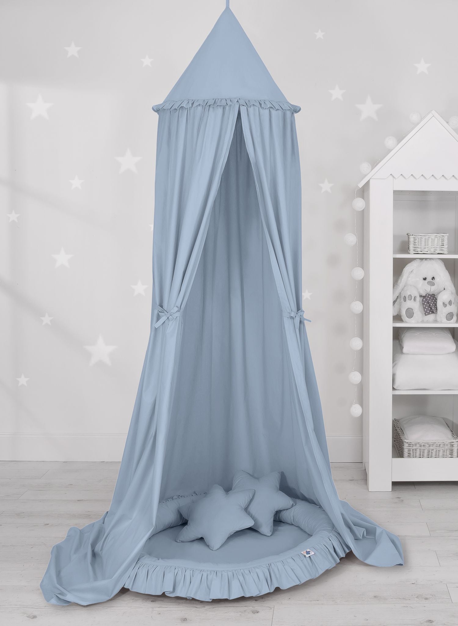 Set: Hanging baldachin for children's room cotton + nest with flounce + pillows - pastel blue
