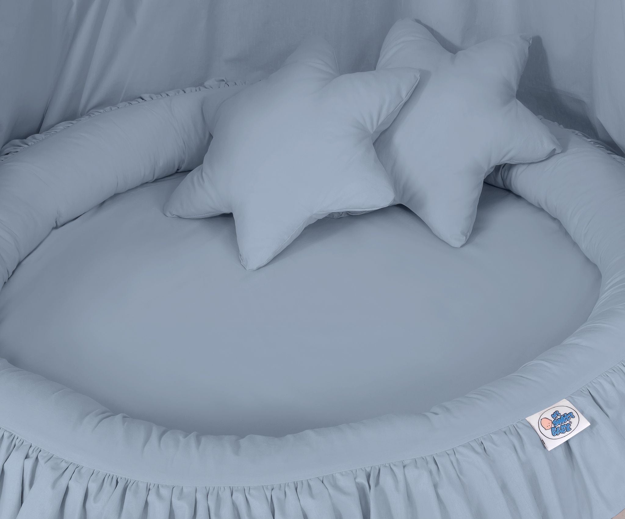 Set: Hanging baldachin for children's room cotton + nest with flounce + pillows - pastel blue