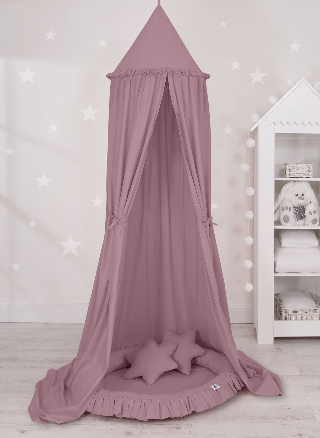 Set: Hanging baldachin for children's room cotton + nest with flounce + pillows - pastel violet
