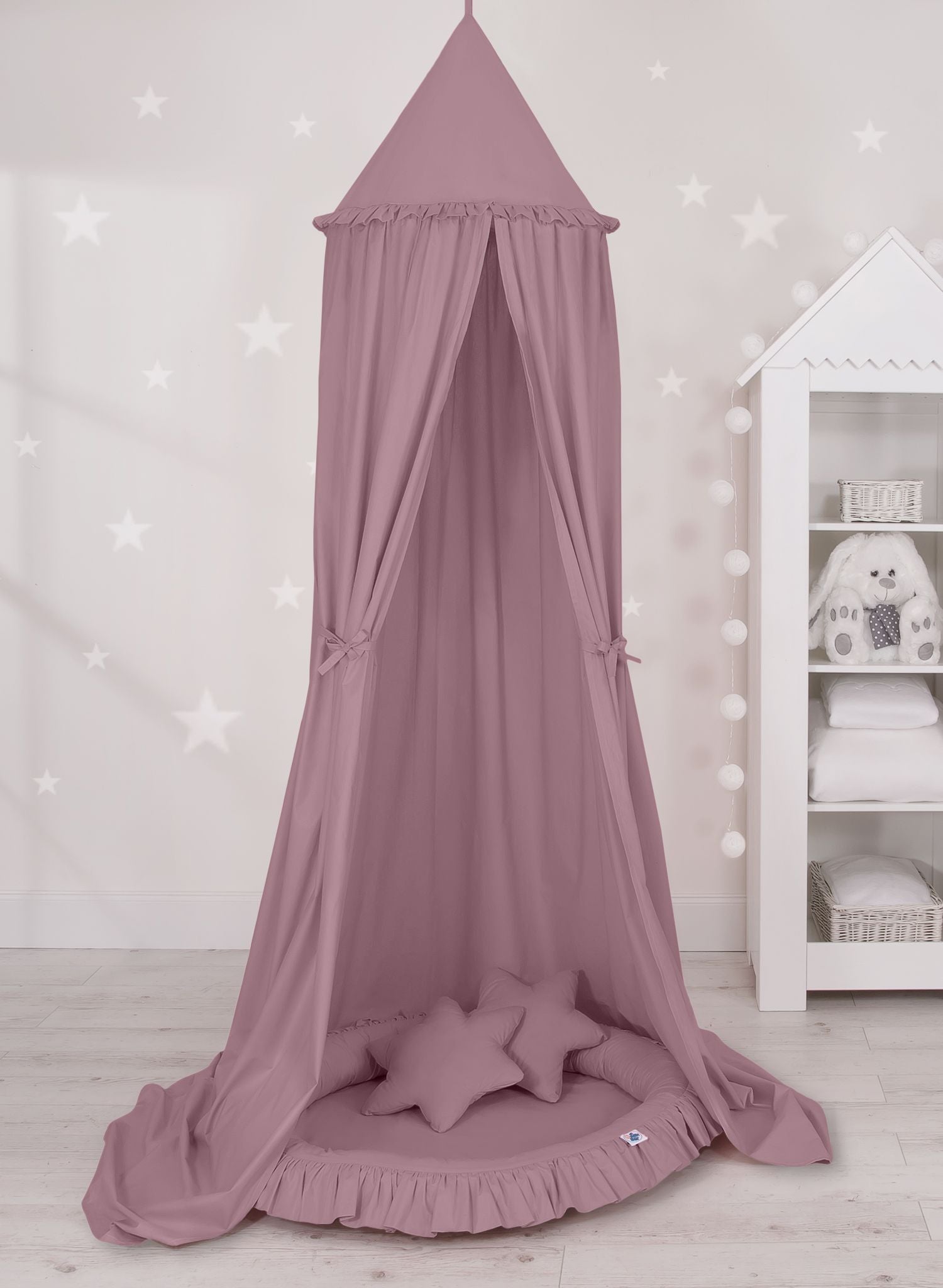 Set: Hanging baldachin for children's room cotton + nest with flounce + pillows - pastel violet