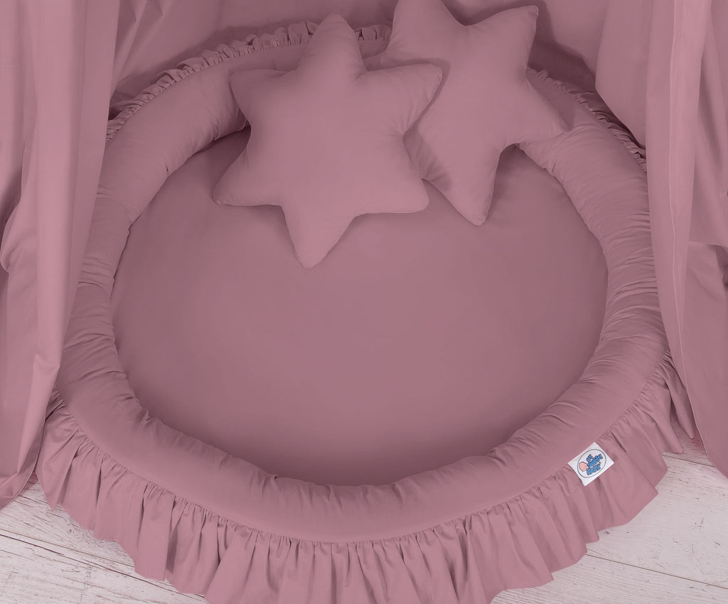 Set: Hanging baldachin for children's room cotton + nest with flounce + pillows - pastel violet
