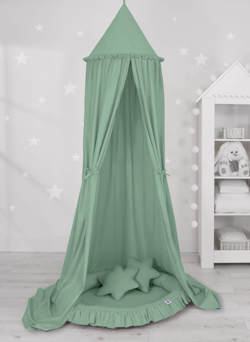 Set: Hanging baldachin for children's room cotton + nest with flounce + pillows - pastel green