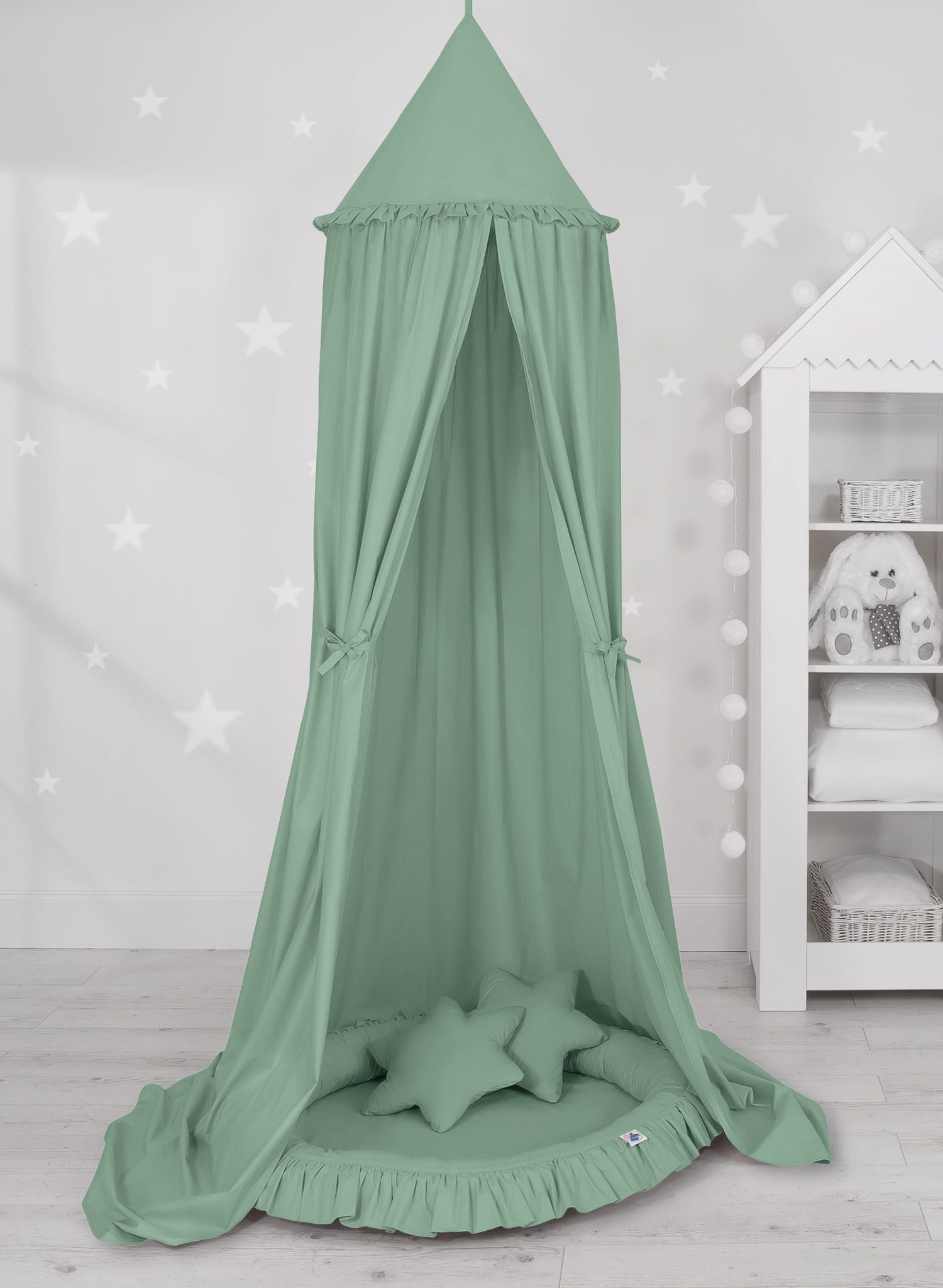 Set: Hanging baldachin for children's room cotton + nest with flounce + pillows - pastel green