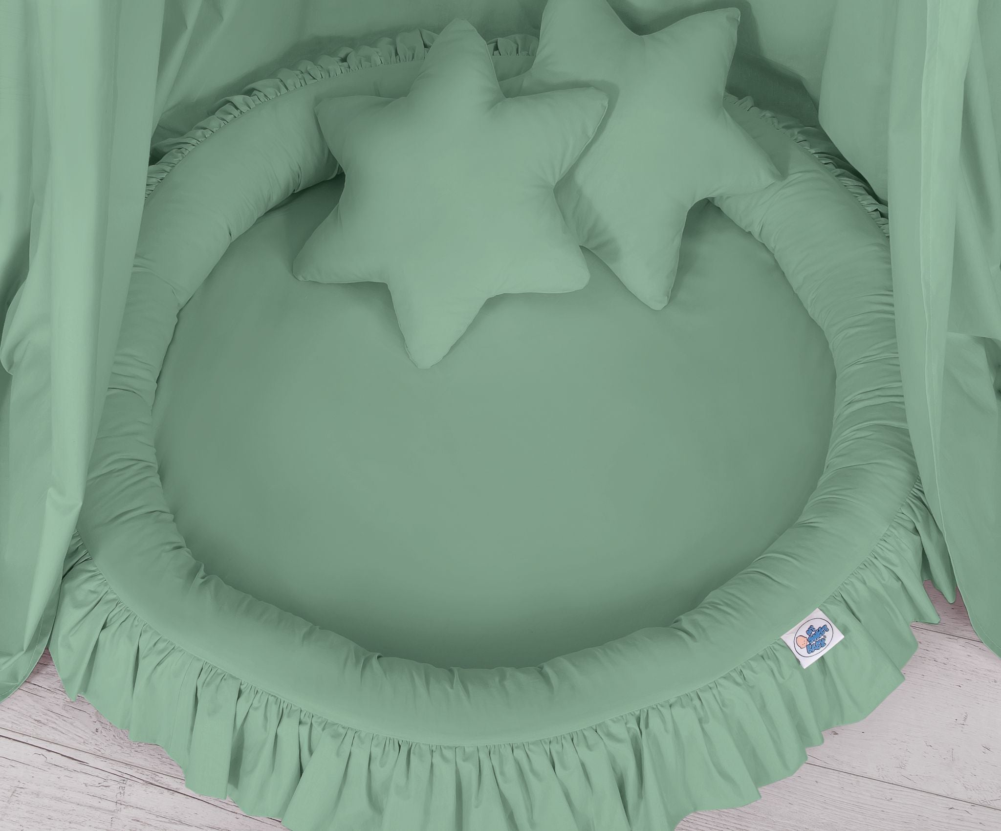 Set: Hanging baldachin for children's room cotton + nest with flounce + pillows - pastel green