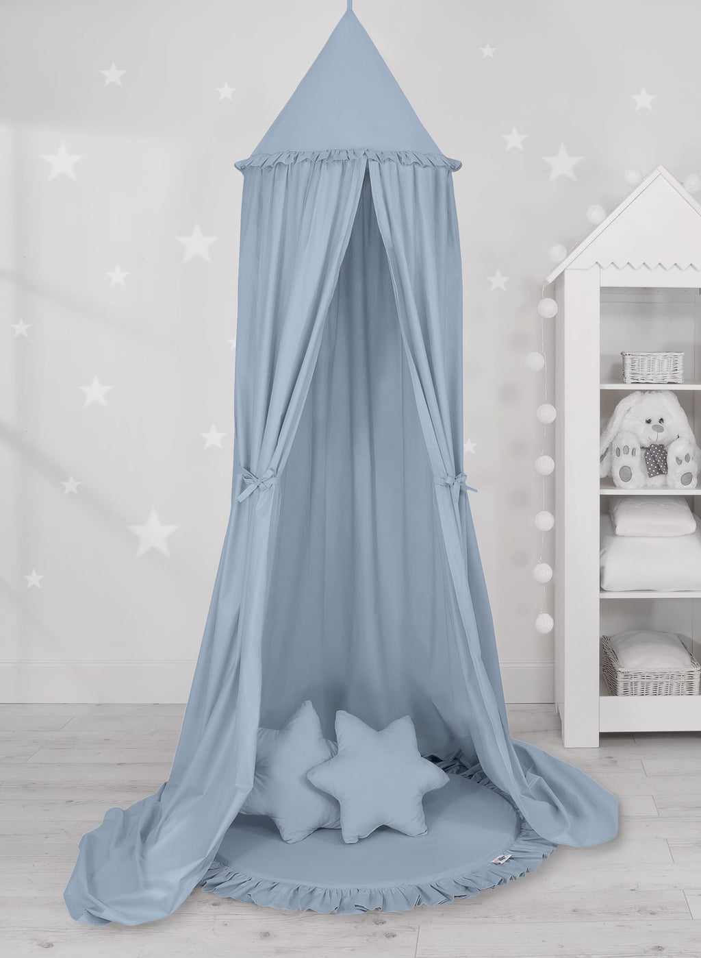 Set: Hanging baldachin for children's room cotton + Floor play mat + pillows - pastel blue