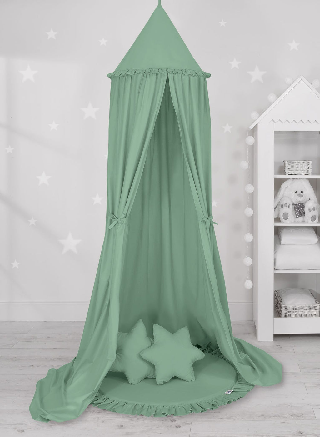 Set: Hanging baldachin for children's room cotton + Floor play mat + pillows - pastel green