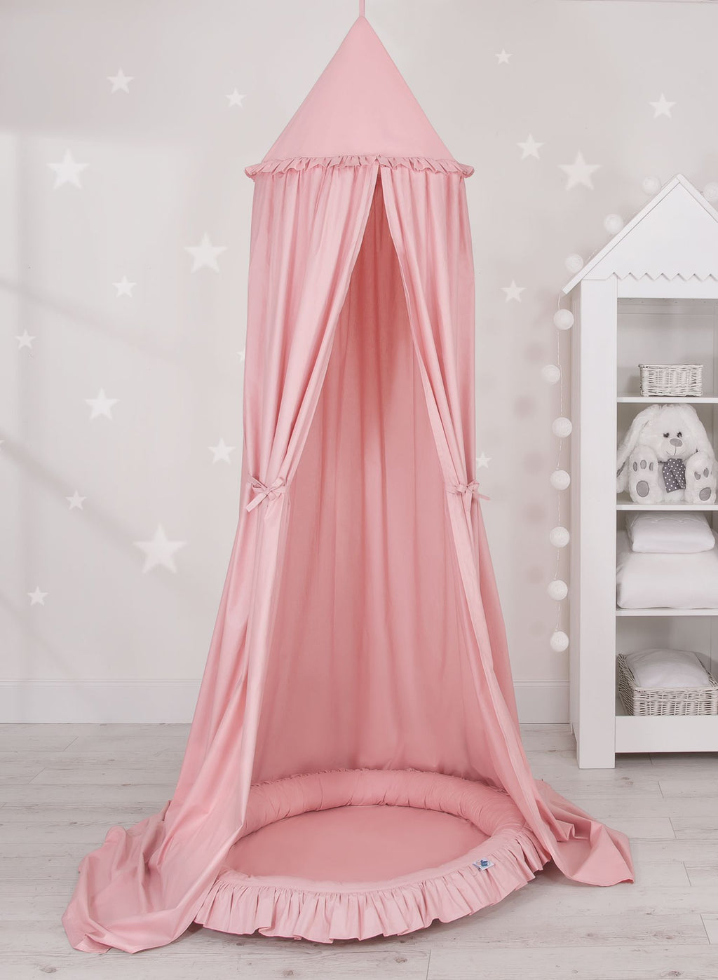 Set: Hanging baldachin for children's room cotton + nest with flounce - pastel pink