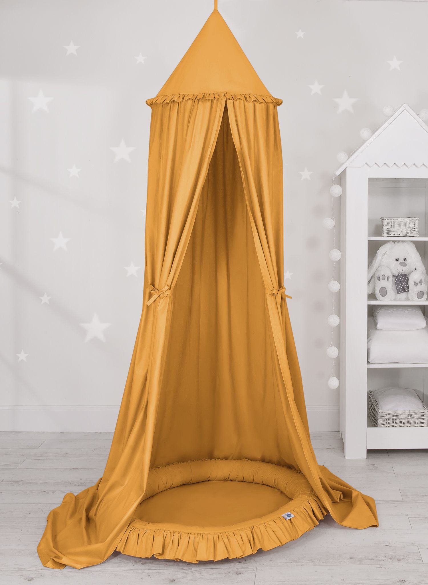 Set: Hanging baldachin for children's room cotton + nest with flounce- honey yellow