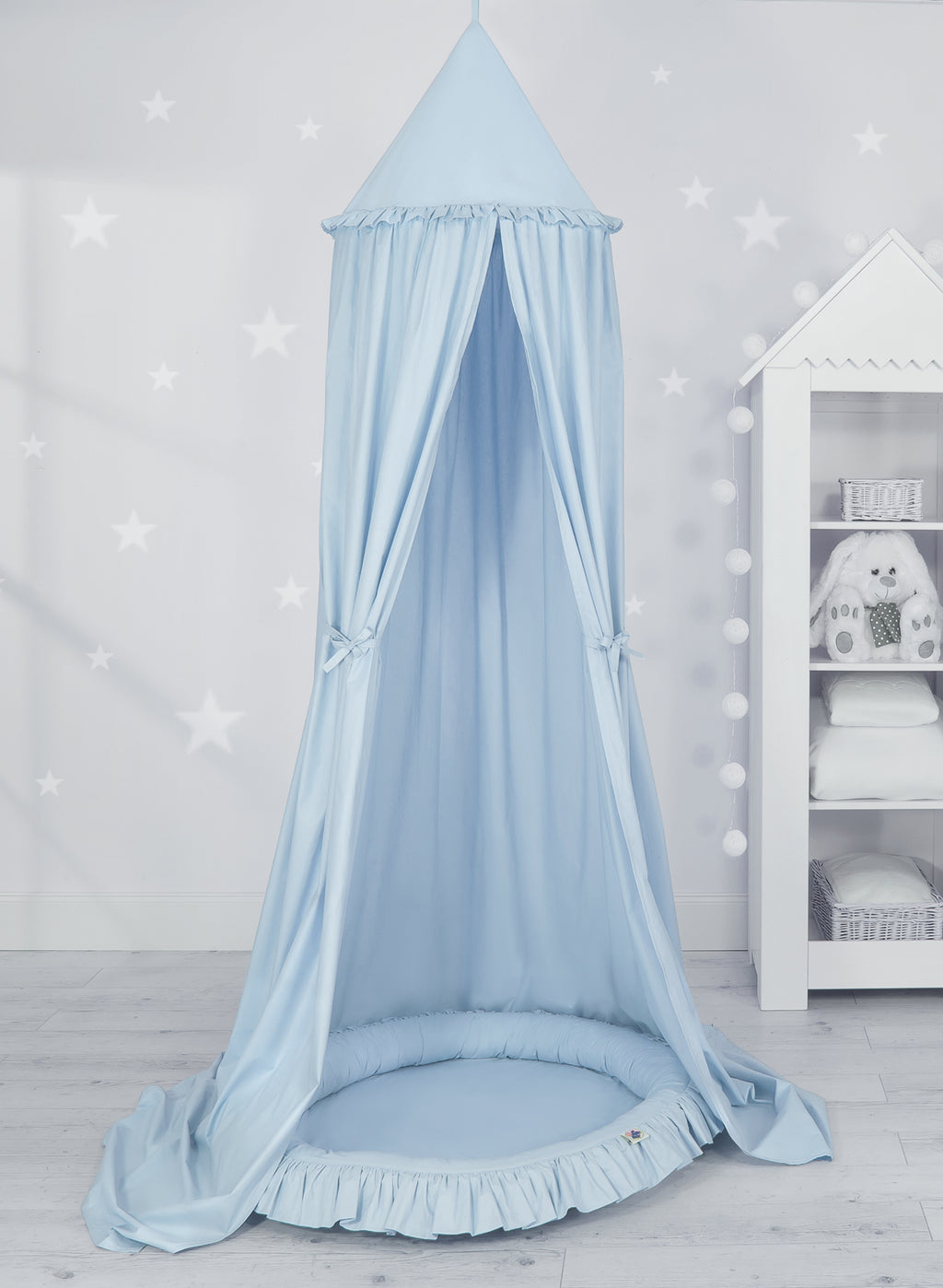 Set: Hanging baldachin for children's room cotton + nest with flounce - blue