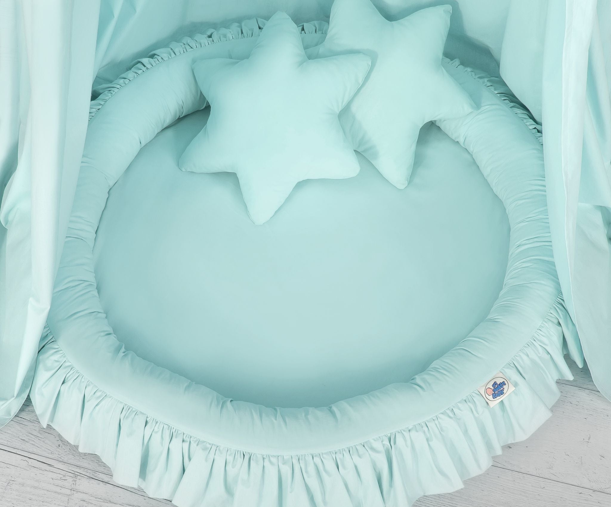 Set: Hanging baldachin for children's room cotton + nest with flounce + pillows - mint