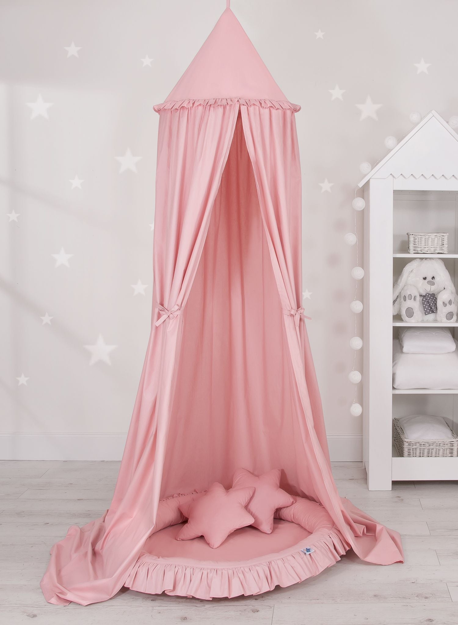 Set: Hanging baldachin for children's room cotton + nest with flounce + pillows - pastel pink