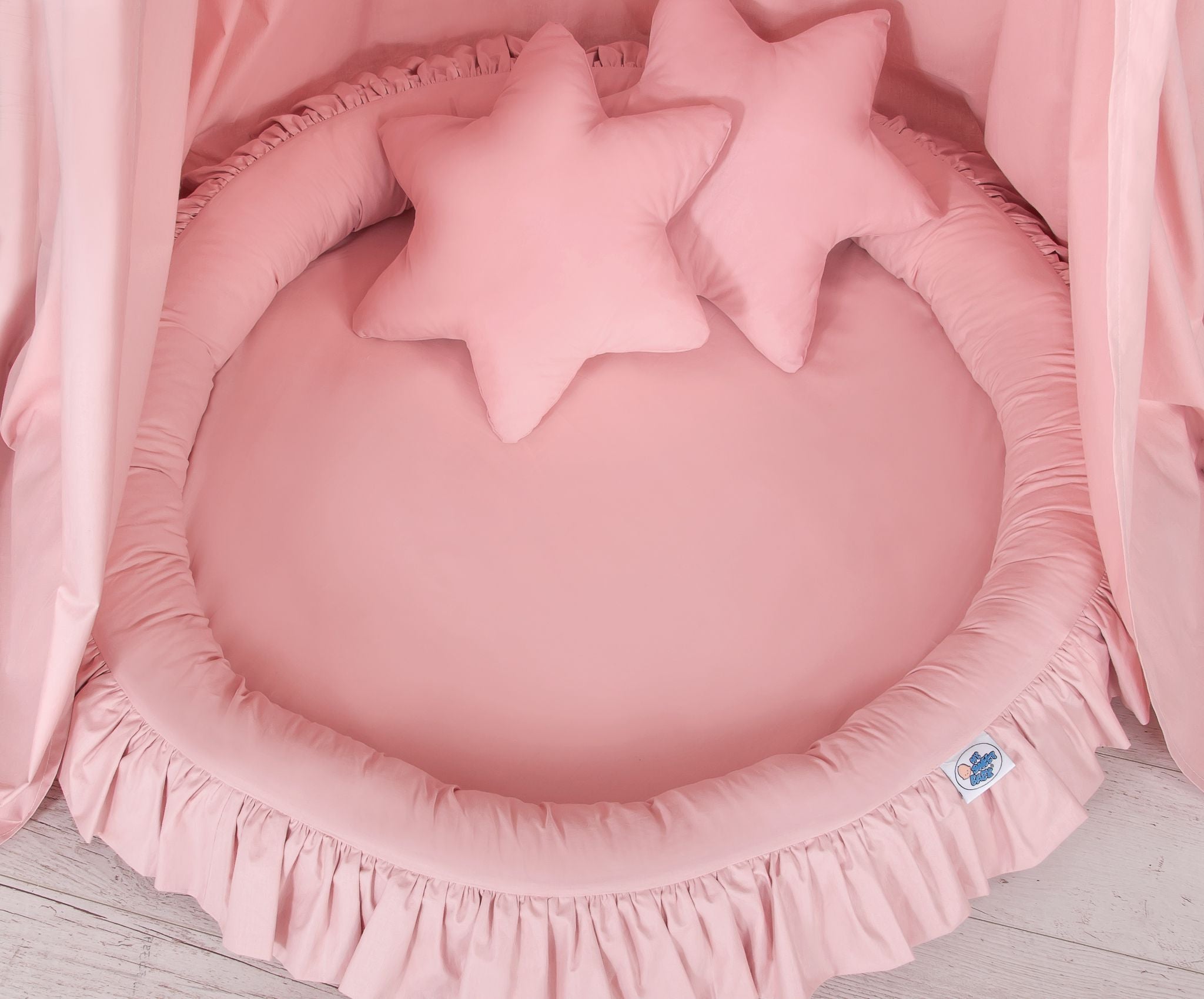Set: Hanging baldachin for children's room cotton + nest with flounce + pillows - pastel pink